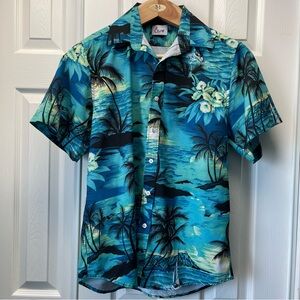EUOW Men’s Hawaiian Shirt Short Sleeve Button Down Blue Tropical Print Size S
